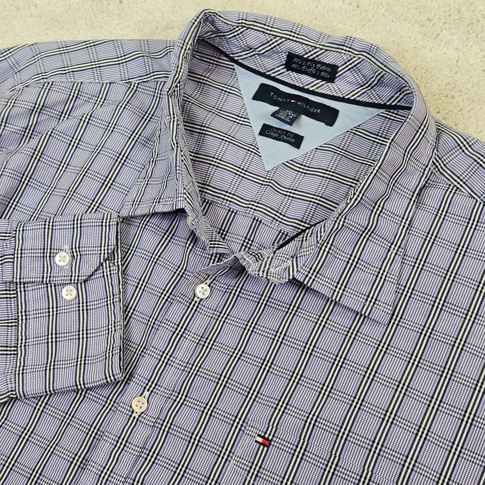 Tommy Hilfiger Men Y2K XXL Purple Plaid Custom Fit Long Sleeve Button Down Shirt